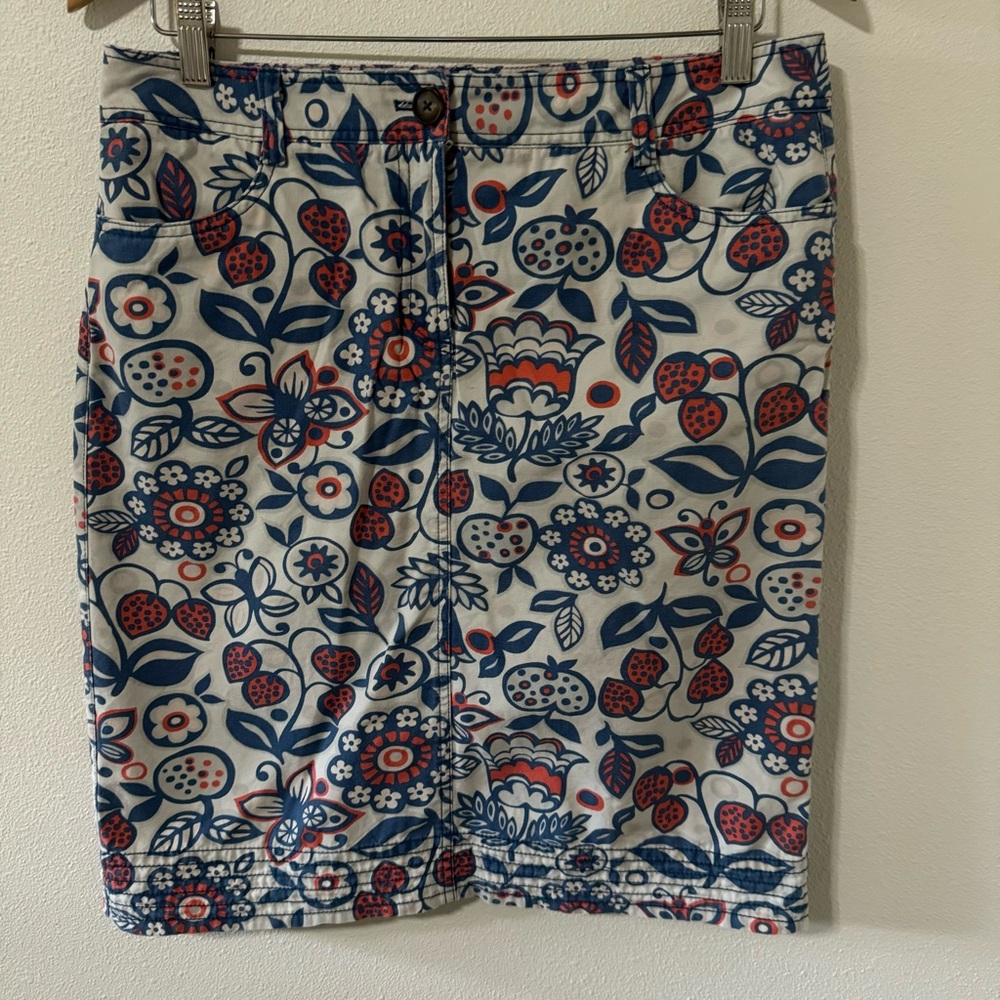 Boden Strawberry Print Cotton Pencil Skirt Blue Red Button Zipper Fly-8 Long